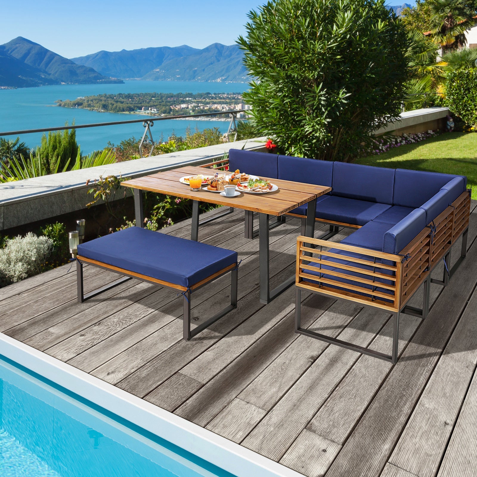 8 Pieces Patio Acacia Wood Dining Table Set with Ottoman - Navy