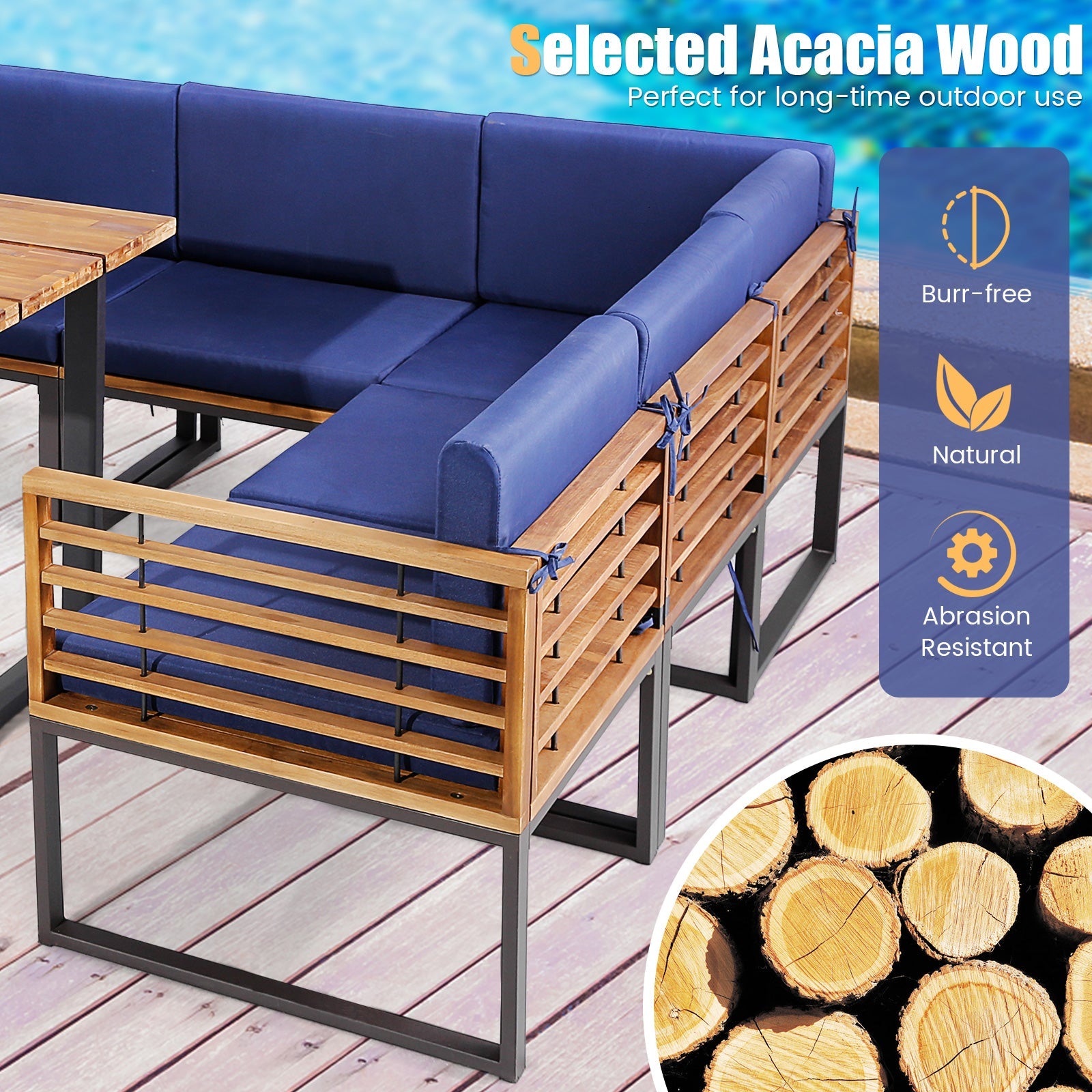 8 Pieces Patio Acacia Wood Dining Table Set with Ottoman - Navy