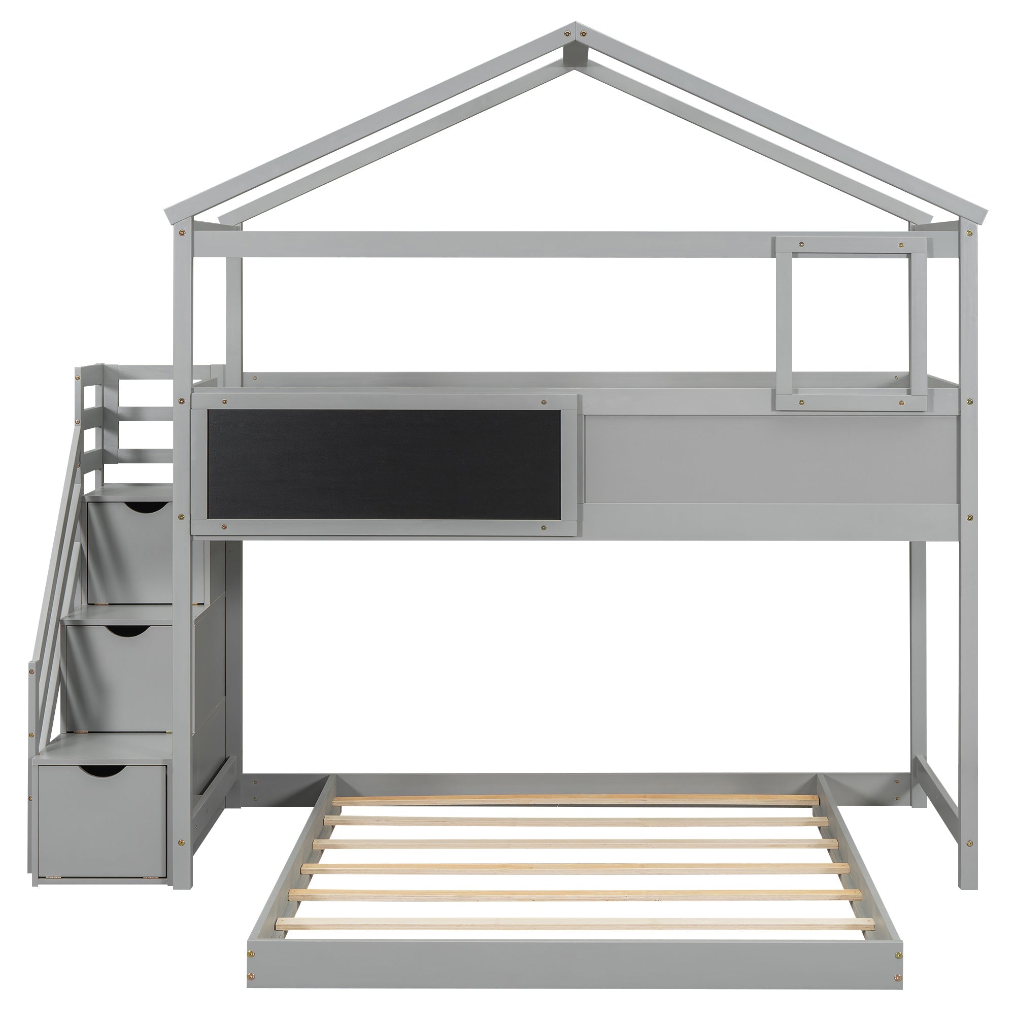 Twin-Over-Full House Bunk Bed with Storage Staircase and Blackboard, Gray