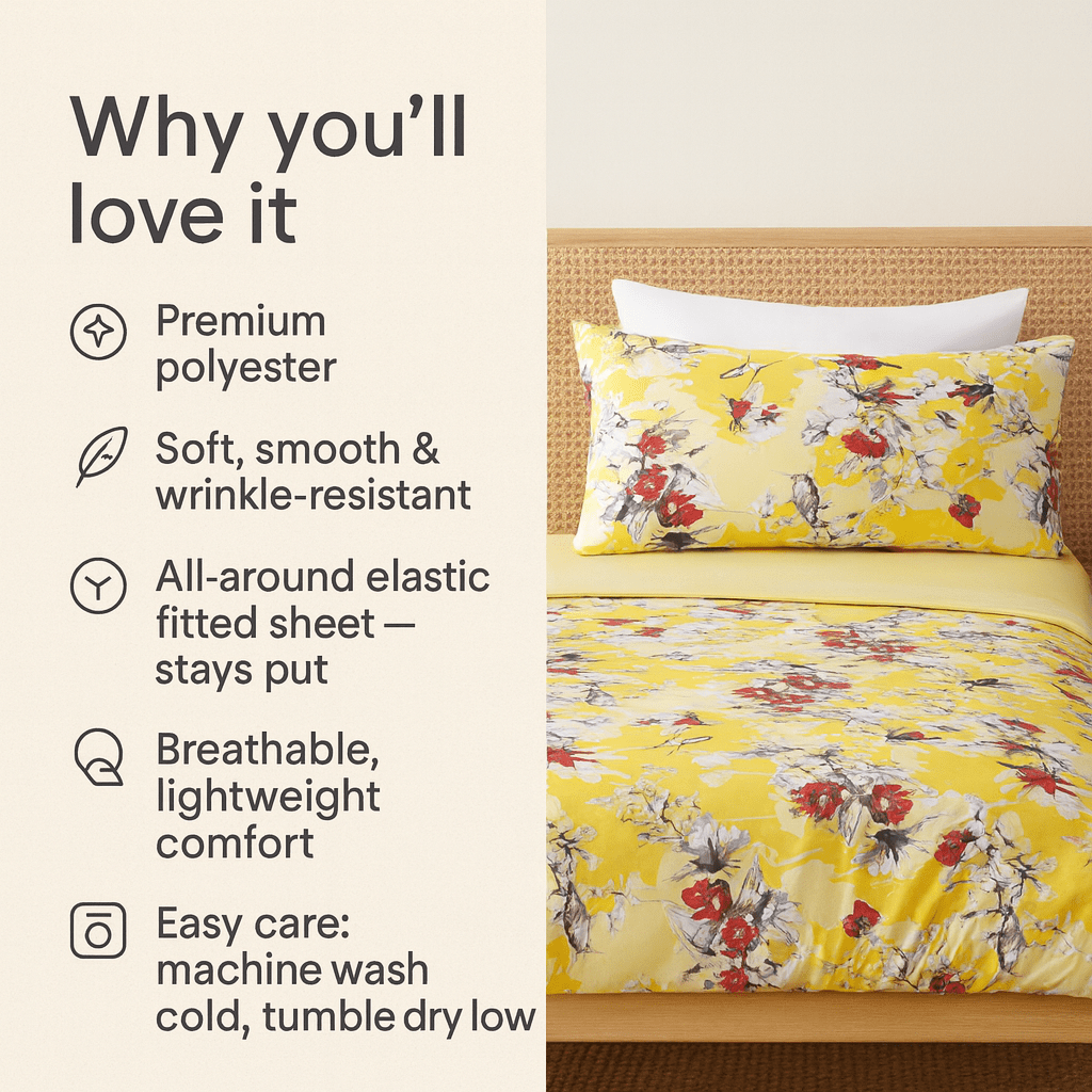 Sunshine Yellow Hummingbirds Floral Fitted & Flat Bed Sheets Set