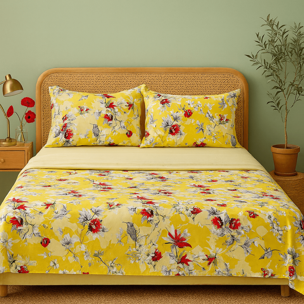 Sunshine Yellow Hummingbirds Floral Fitted & Flat Bed Sheets Set