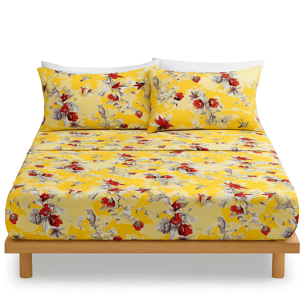 Sunshine Yellow Hummingbirds Floral Fitted & Flat Bed Sheets Set