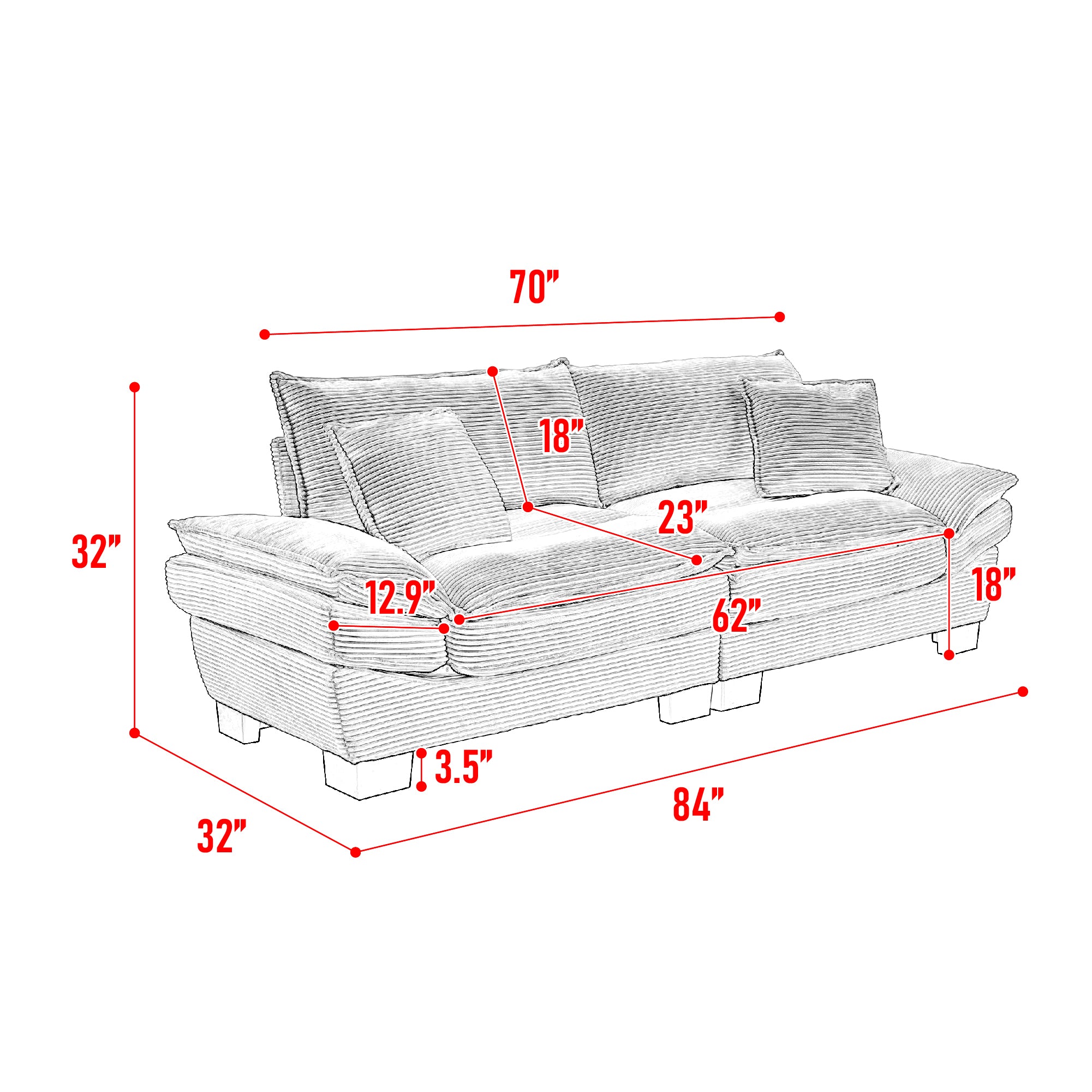 Corduroy Sofa Sleeper Couch with Pillows - Light Grey