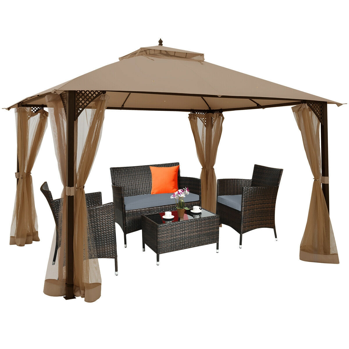 12 x 10 Feet Outdoor Double Top Patio Gazebo with Netting - Brown