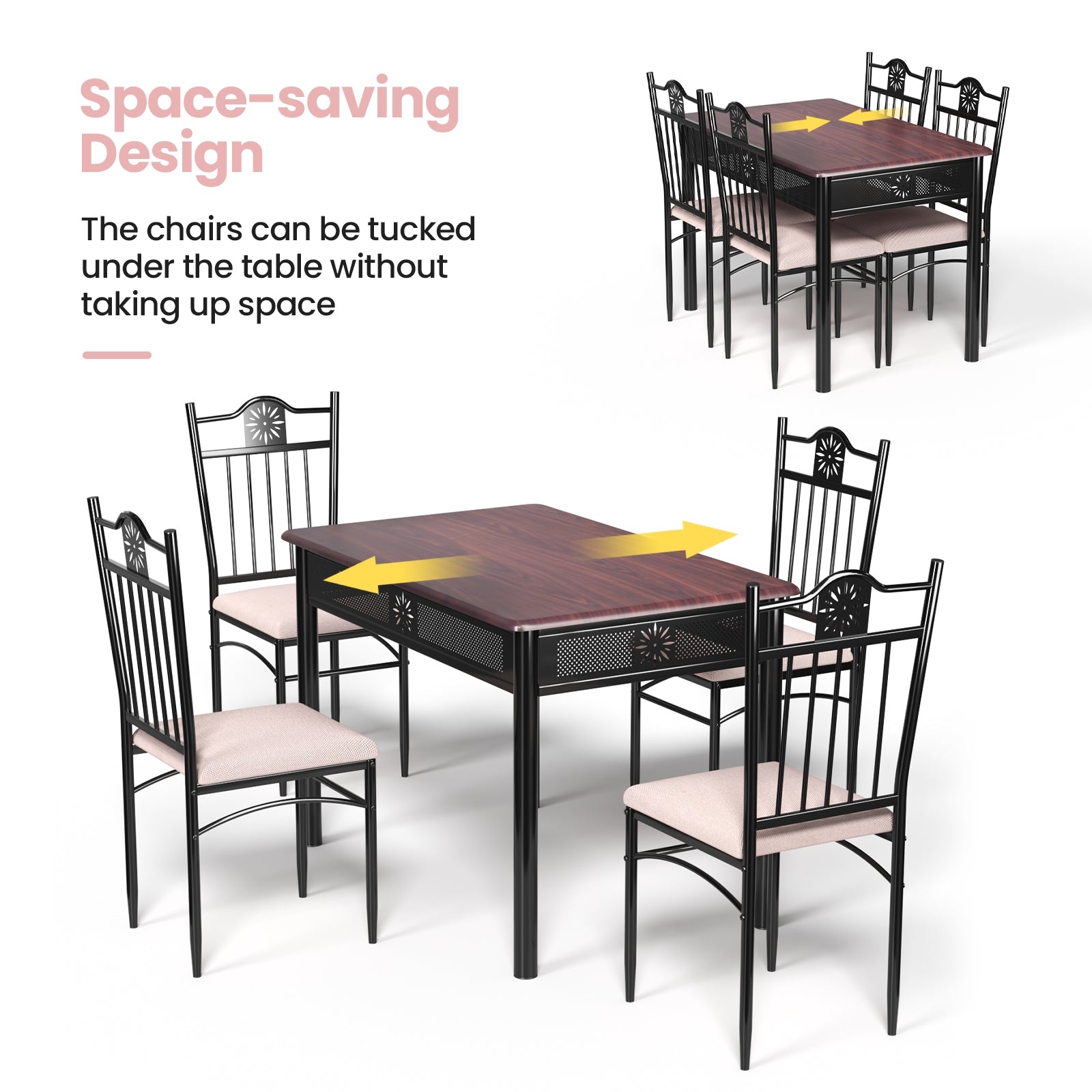 5 Pcs Dining Set, Wood Metal Table and 4 Chairs with Cushions
