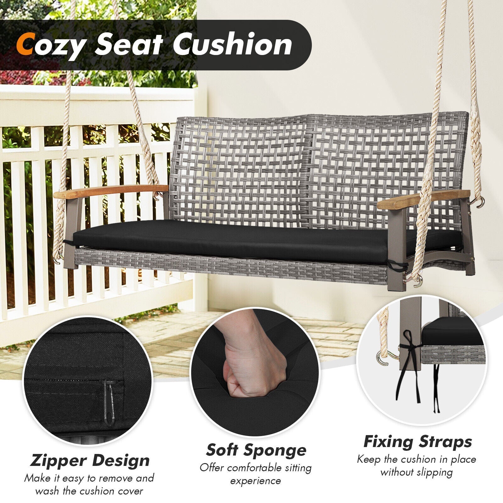 2-Person Patio Wicker Hanging Swing Chair - Black
