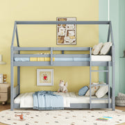 Twin Over Twin House Floor Bunk Bed with Headboards, Footboards and Guardrails, Ladder, Rubber Wood Bunk Bed with Safety Guardrails,Light Grey by 39F INC.