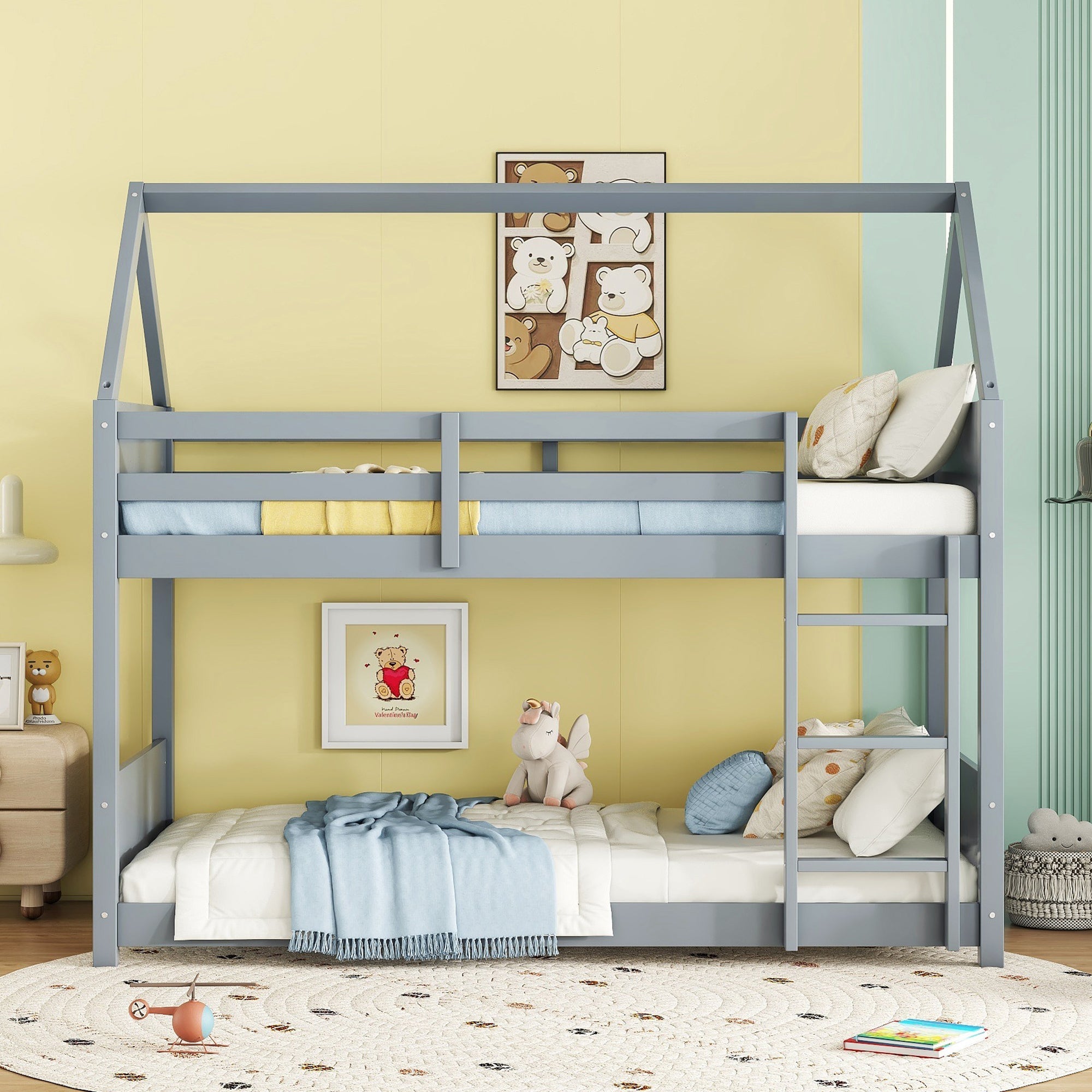 Twin Over Twin House Floor Bunk Bed with Headboards, Footboards and Guardrails, Ladder, Rubber Wood Bunk Bed with Safety Guardrails,Light Grey by 39F INC.