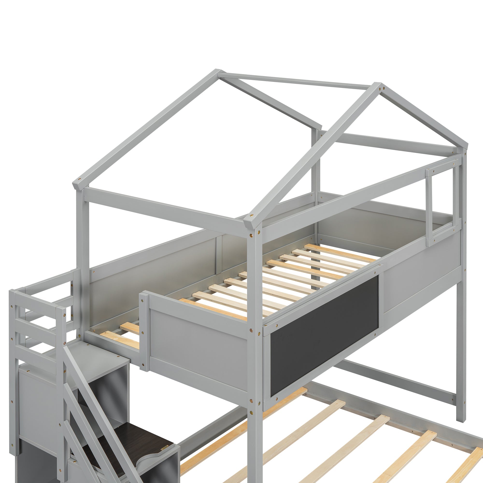 Twin-Over-Full House Bunk Bed with Storage Staircase and Blackboard, Gray