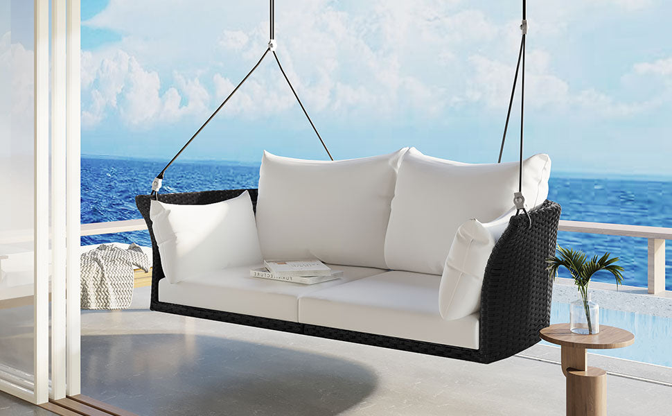 2-Person Rattan Woven Swing Chair, Black Wicker And White Cushion