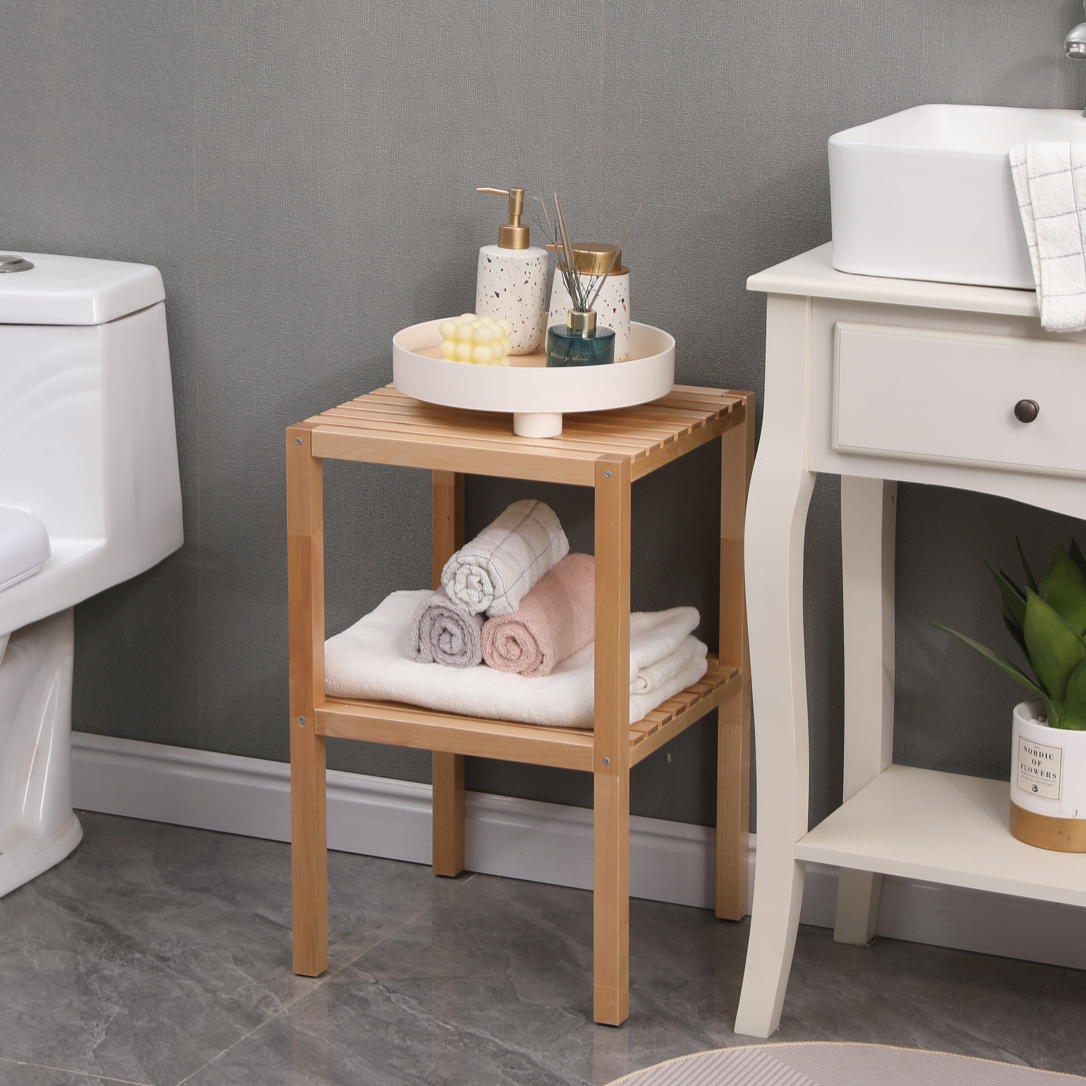 2-Tier Birch Bathroom Shelf, Multifunctional Storage Rack