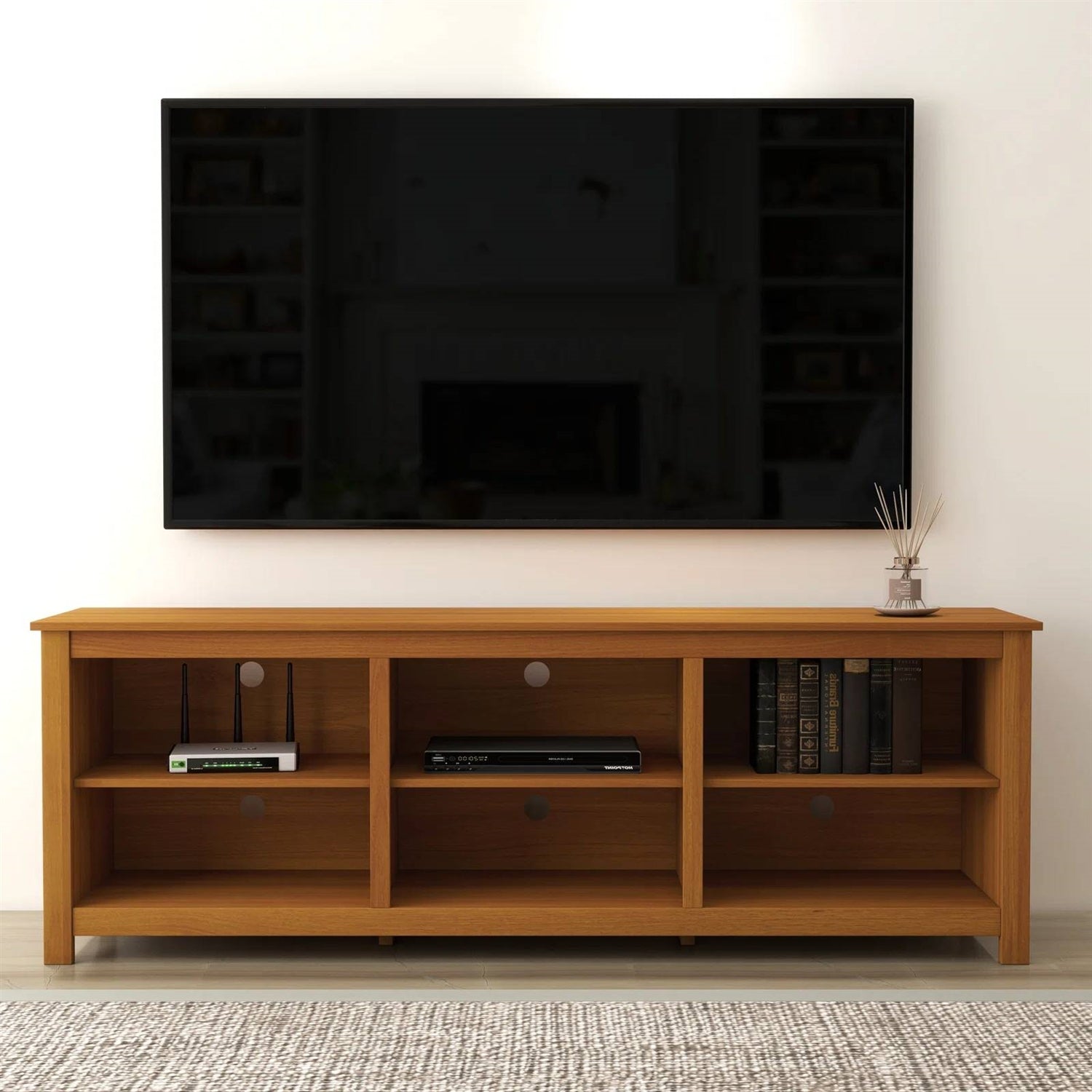 Farmhouse TV Stand in Amber Brown Wood Finish
