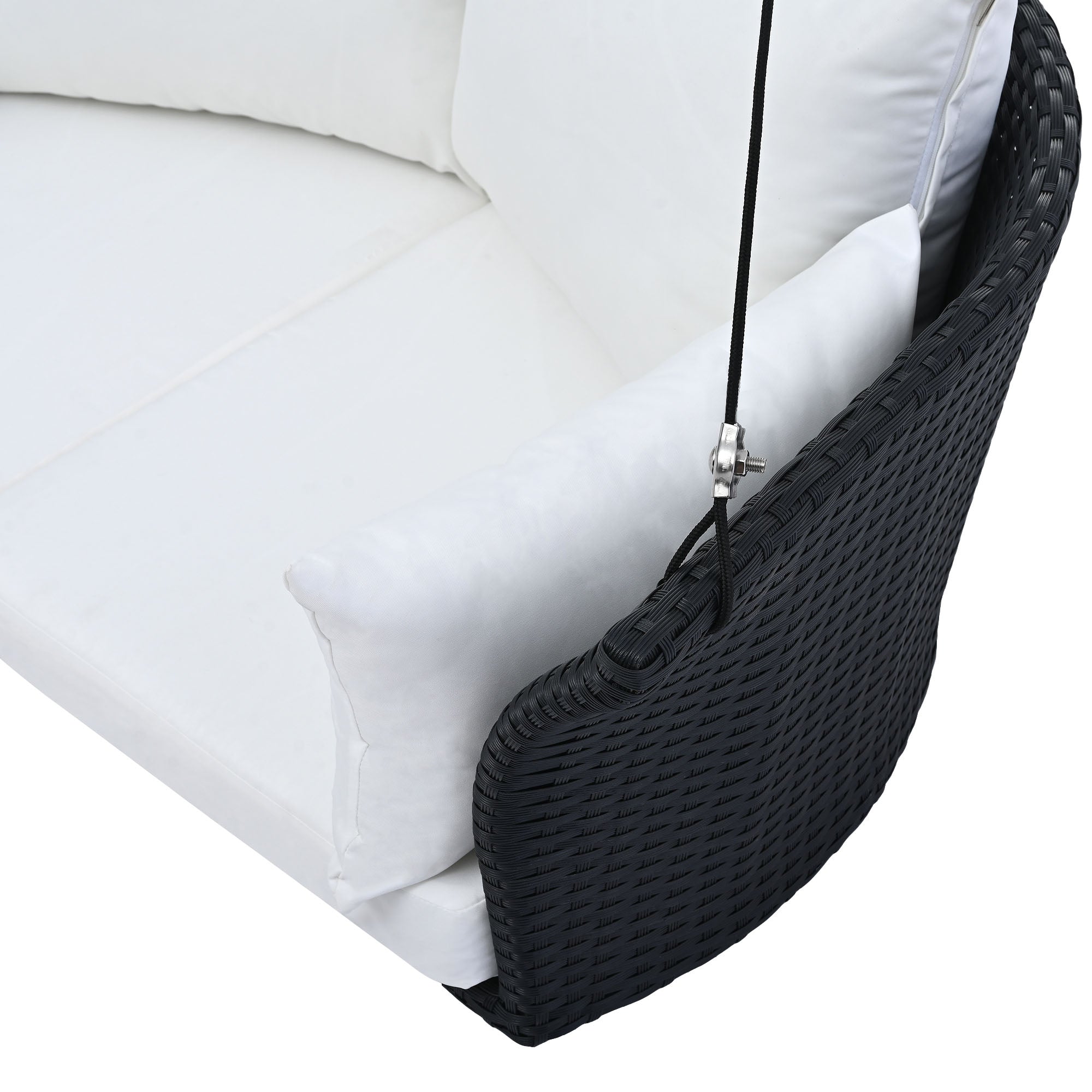2-Person Rattan Woven Swing Chair, Black Wicker And White Cushion