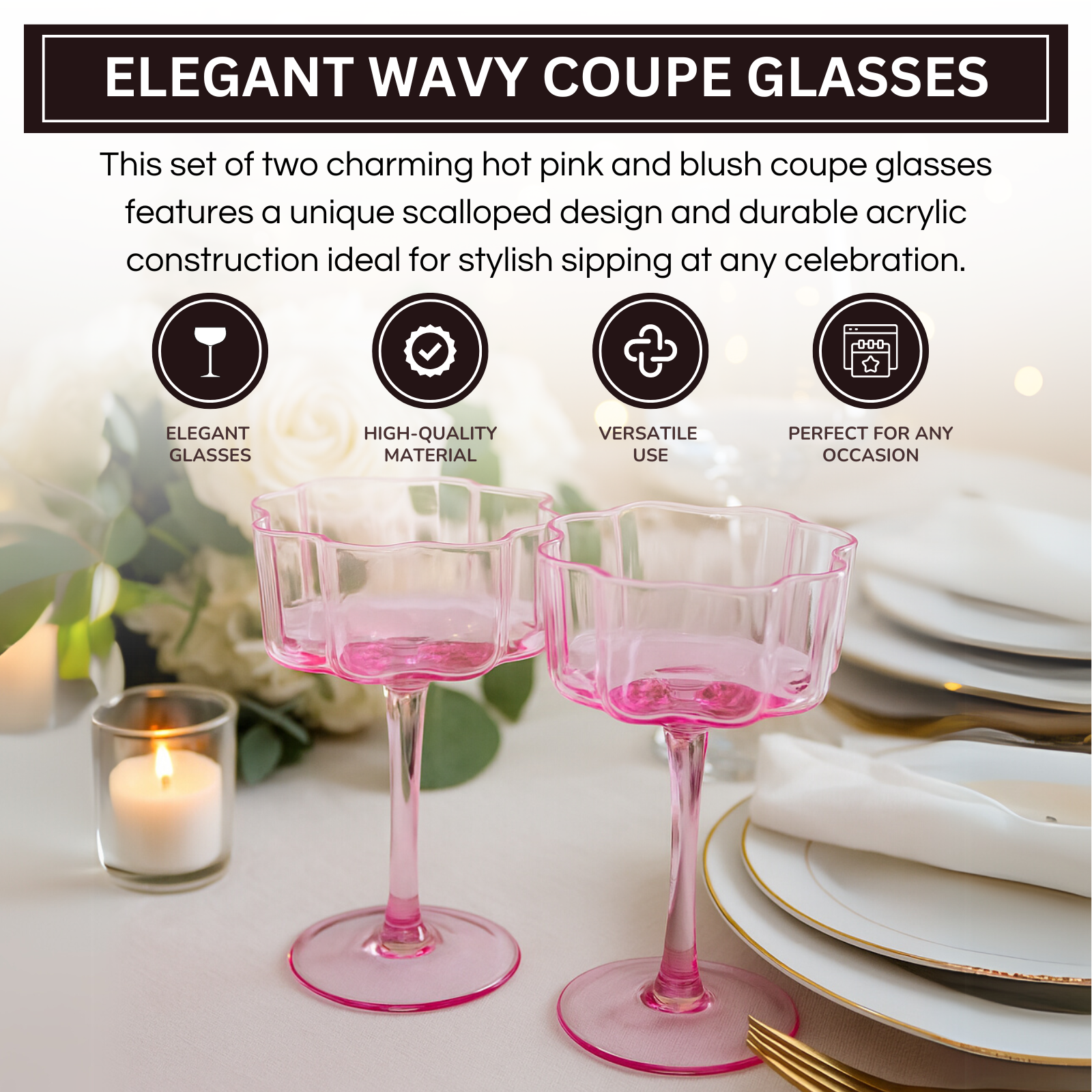 Flower Wave Coupe Cocktail Colored Glasses | Set of 2 | Hot Pink & Blush