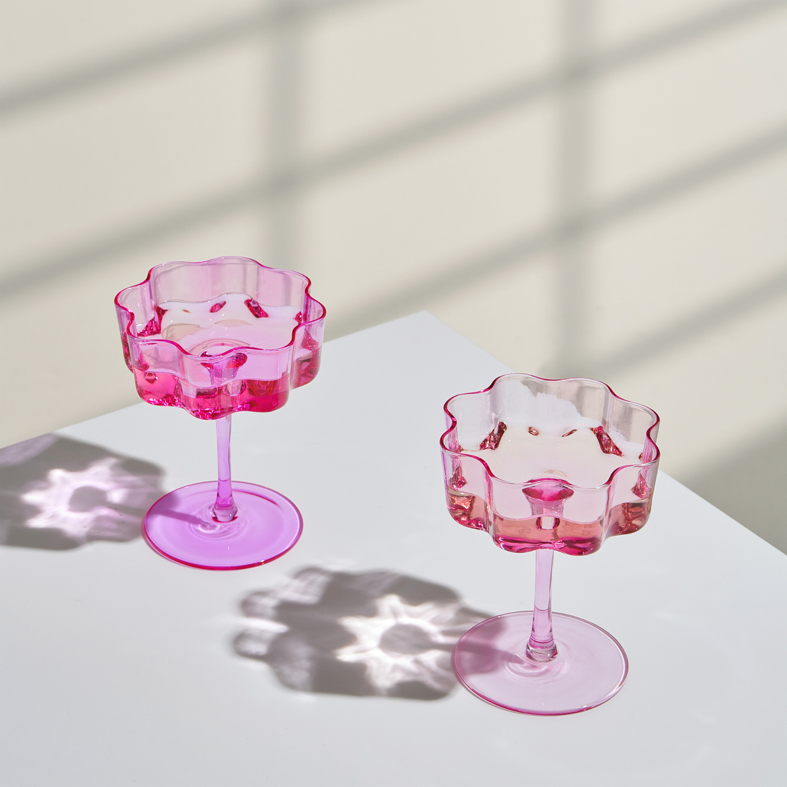 Flower Wave Coupe Cocktail Colored Glasses | Set of 2 | Hot Pink & Blush