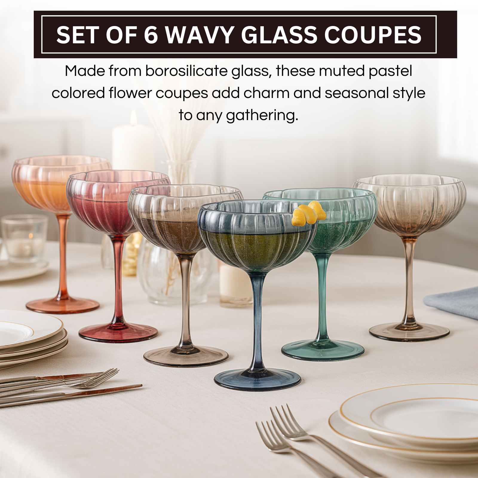 Flower Coupe Cocktail Colored Glasses | Set of 6 | Muted