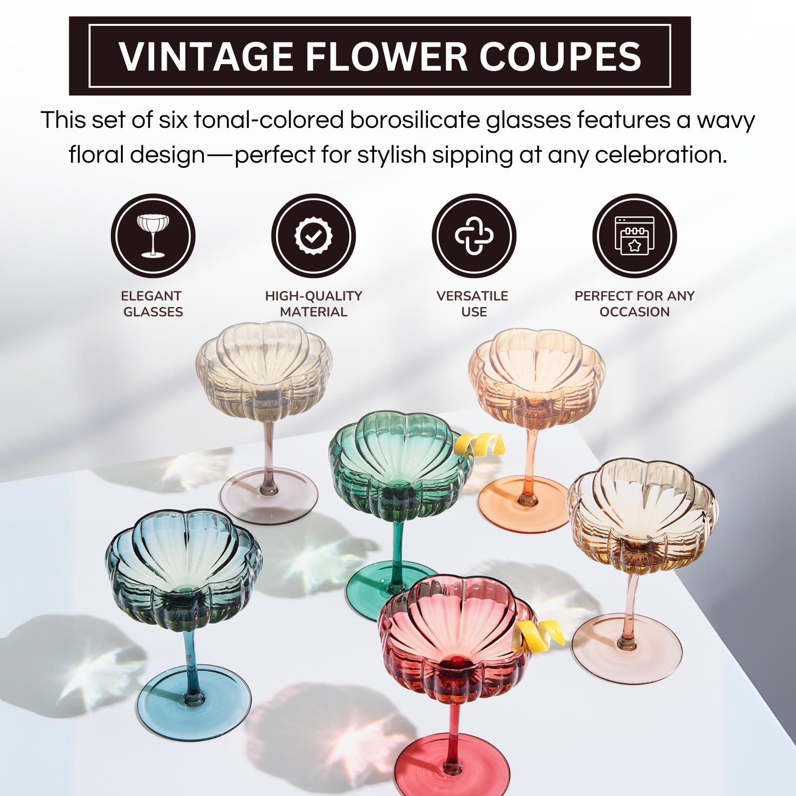 Flower Coupe Cocktail Colored Glasses | Set of 6 | Muted