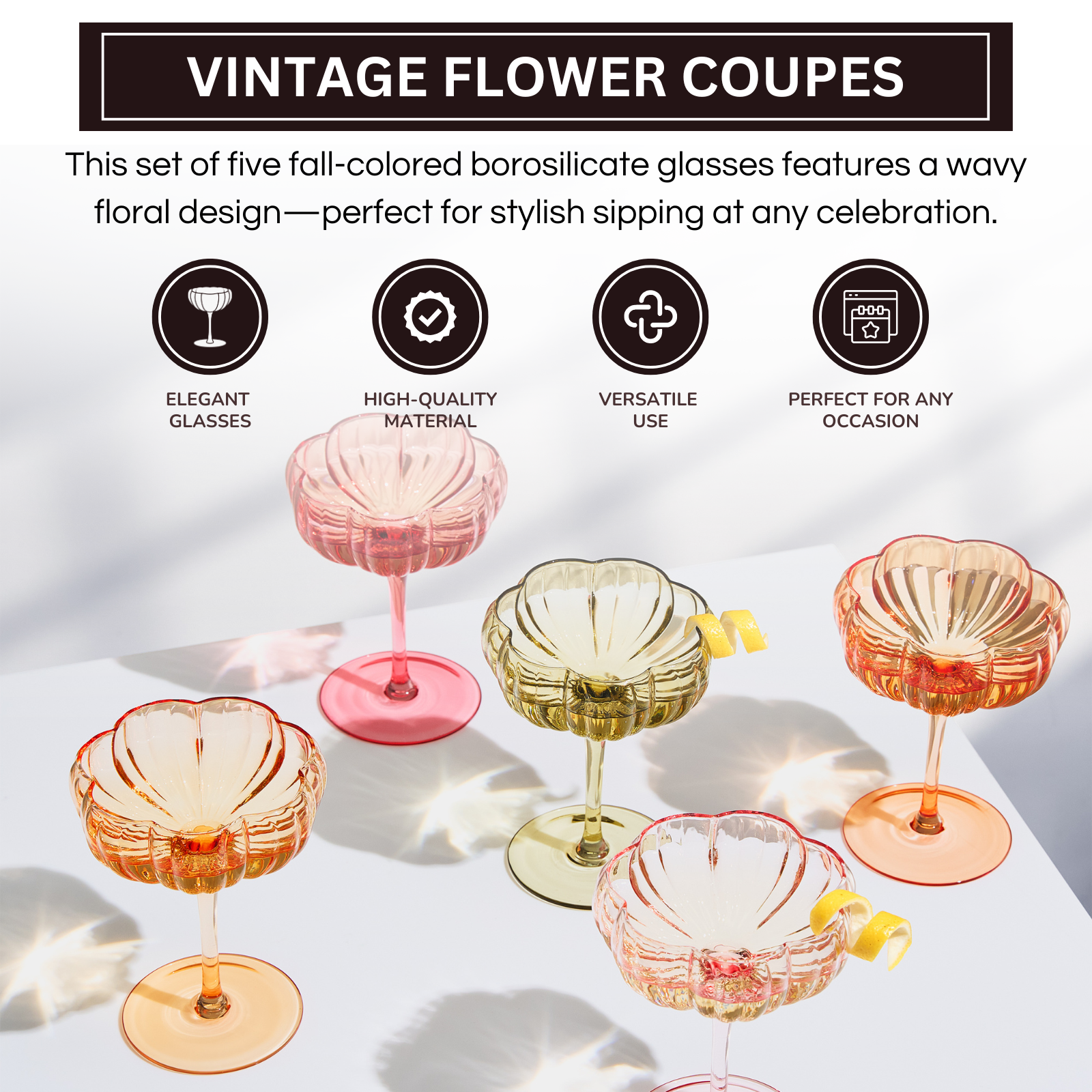 Flower Coupe Cocktail Glasses | Set of 4 | Bright Colors