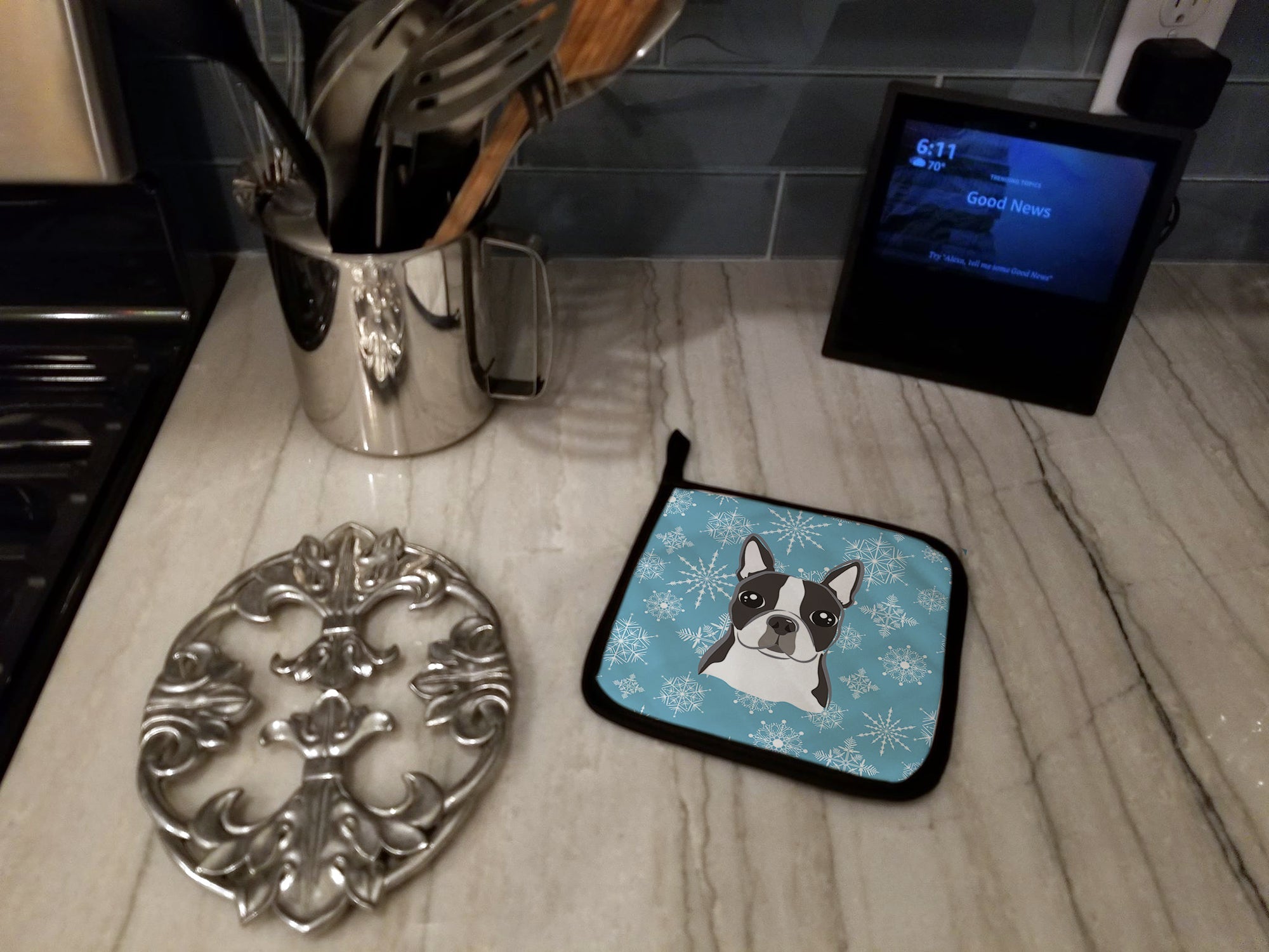 Snowflake Boston Terrier Pot Holders - Set of 2