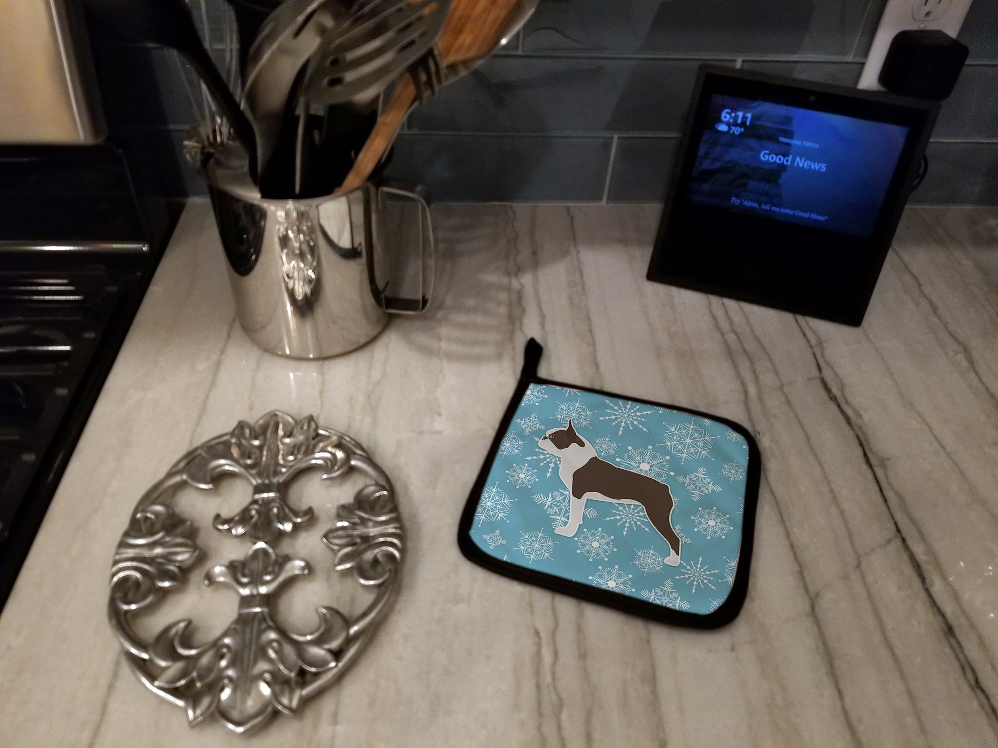 Winter Snowflake Boston Terrier Pot Holders - Set of 2