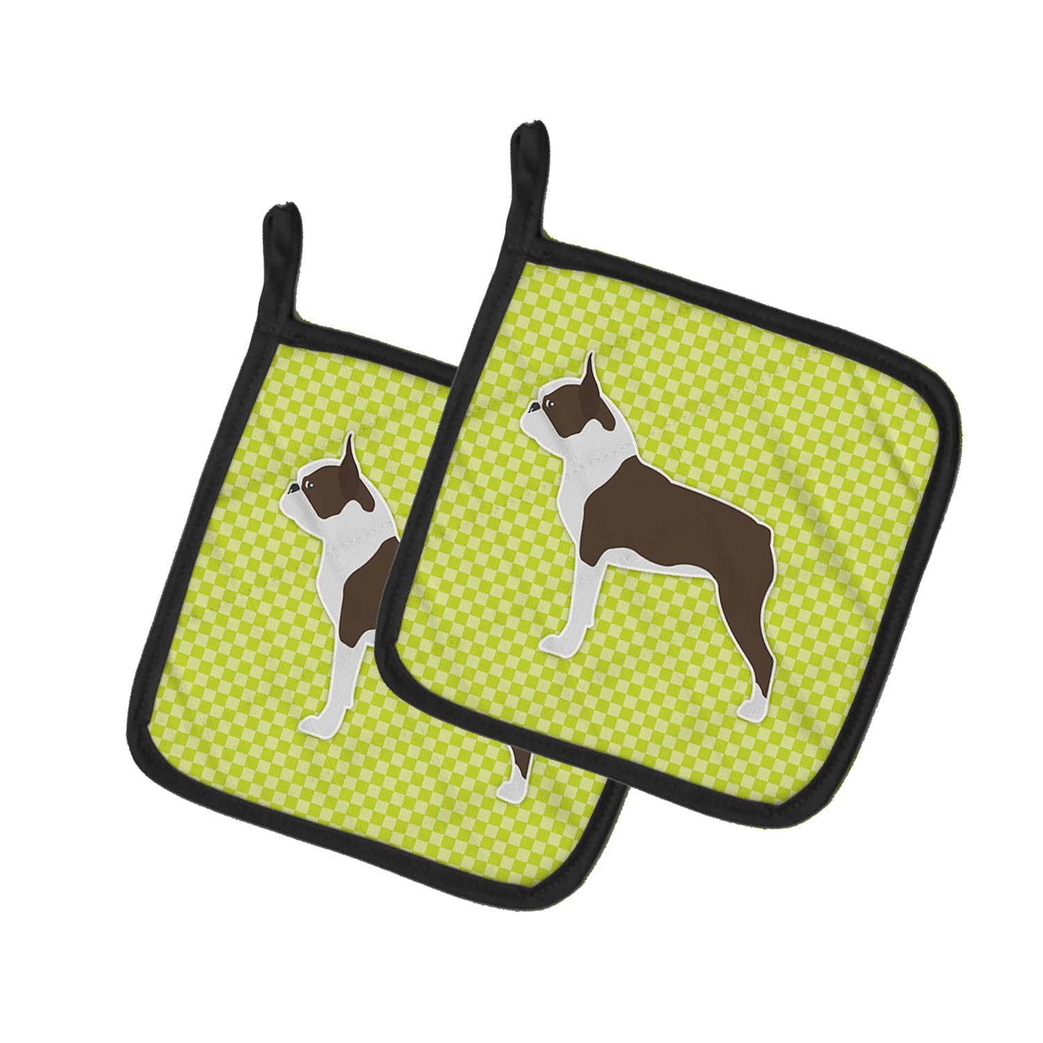 Boston Terrier Checkerboard Green Pot Holders - Set of 2