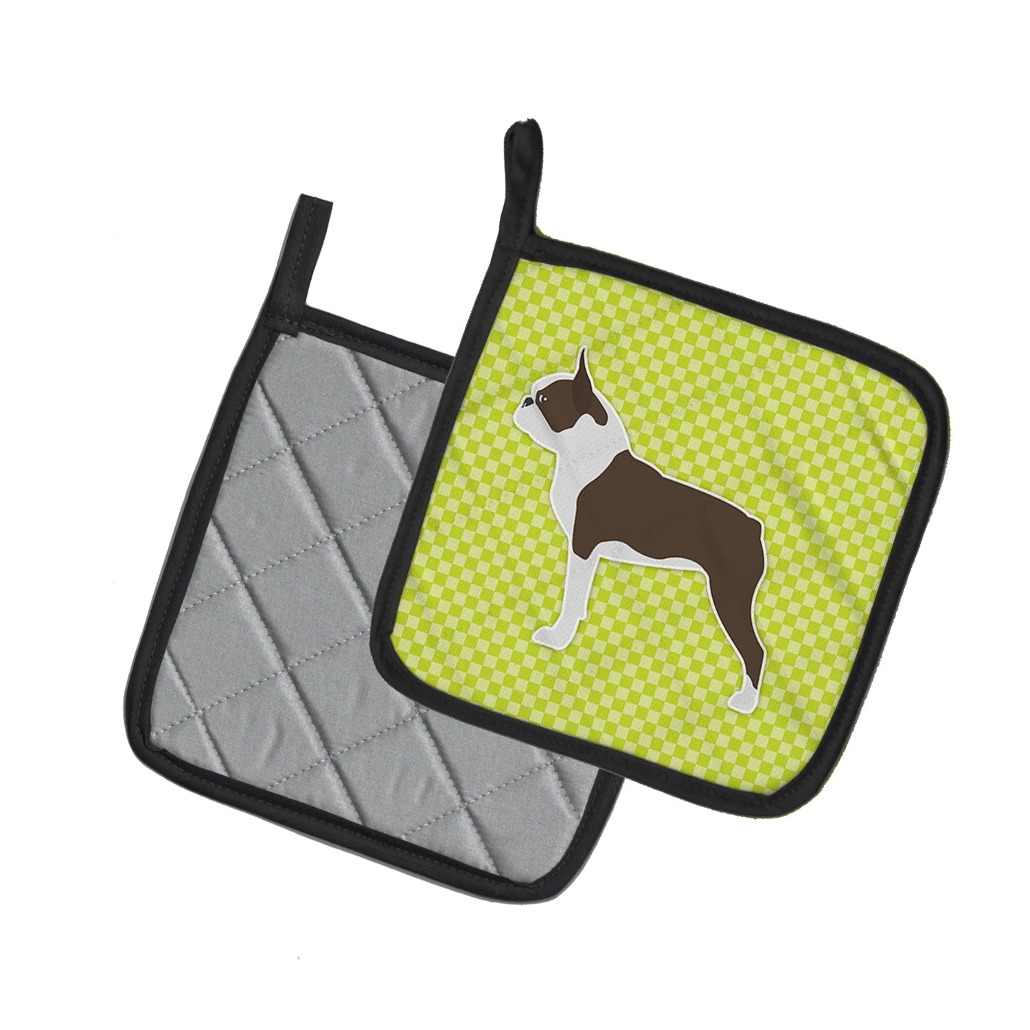 Boston Terrier Checkerboard Green Pot Holders - Set of 2