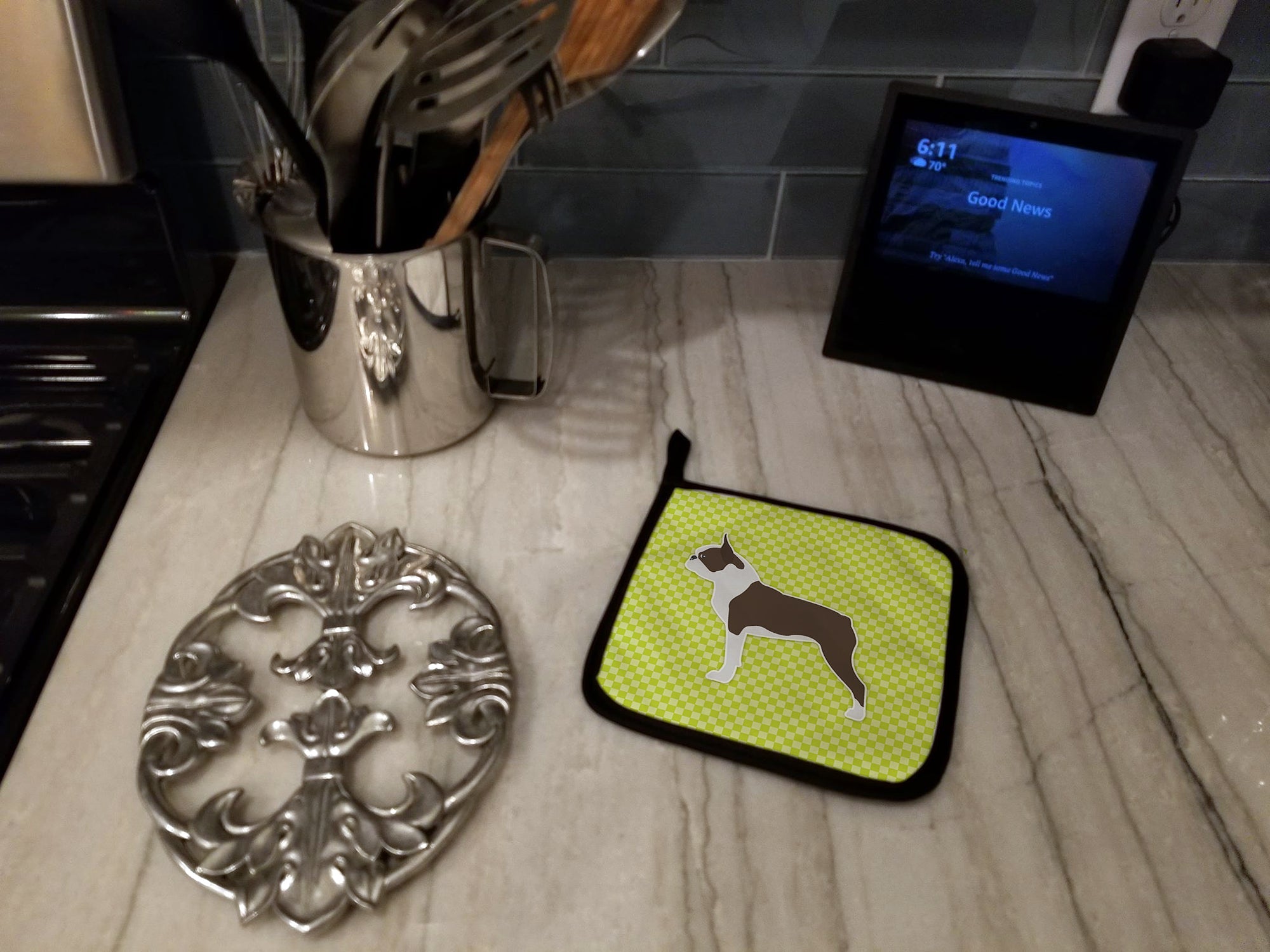 Boston Terrier Checkerboard Green Pot Holders - Set of 2