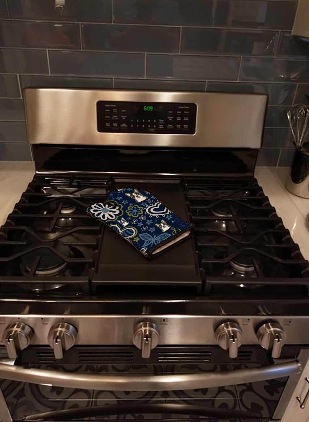 Blue Flowers Boston Terrier - Oven Mitt