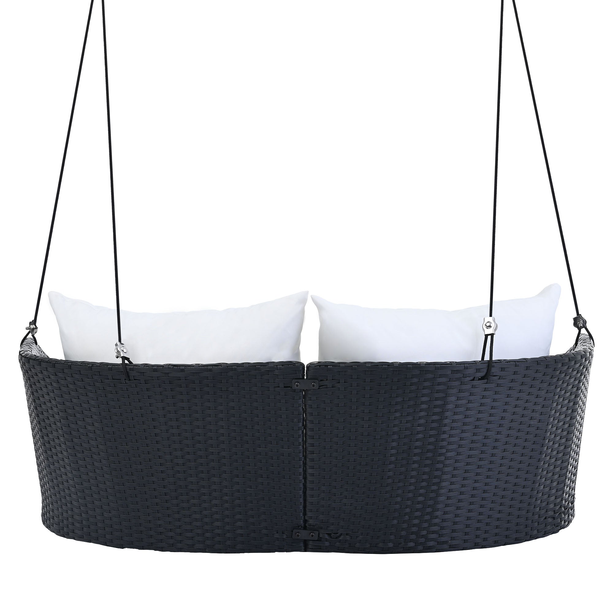 2-Person Rattan Woven Swing Chair, Black Wicker And White Cushion
