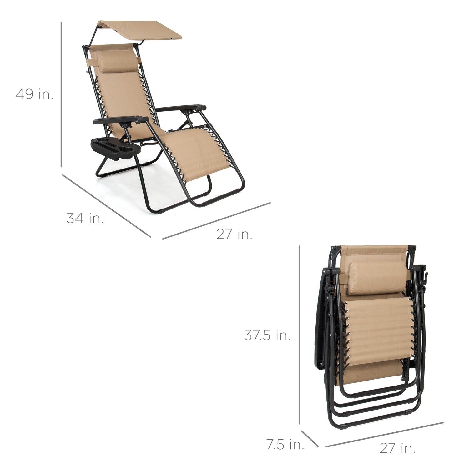 Beige, Zero Gravity, Folding Patio Lounge Chair with Canopy