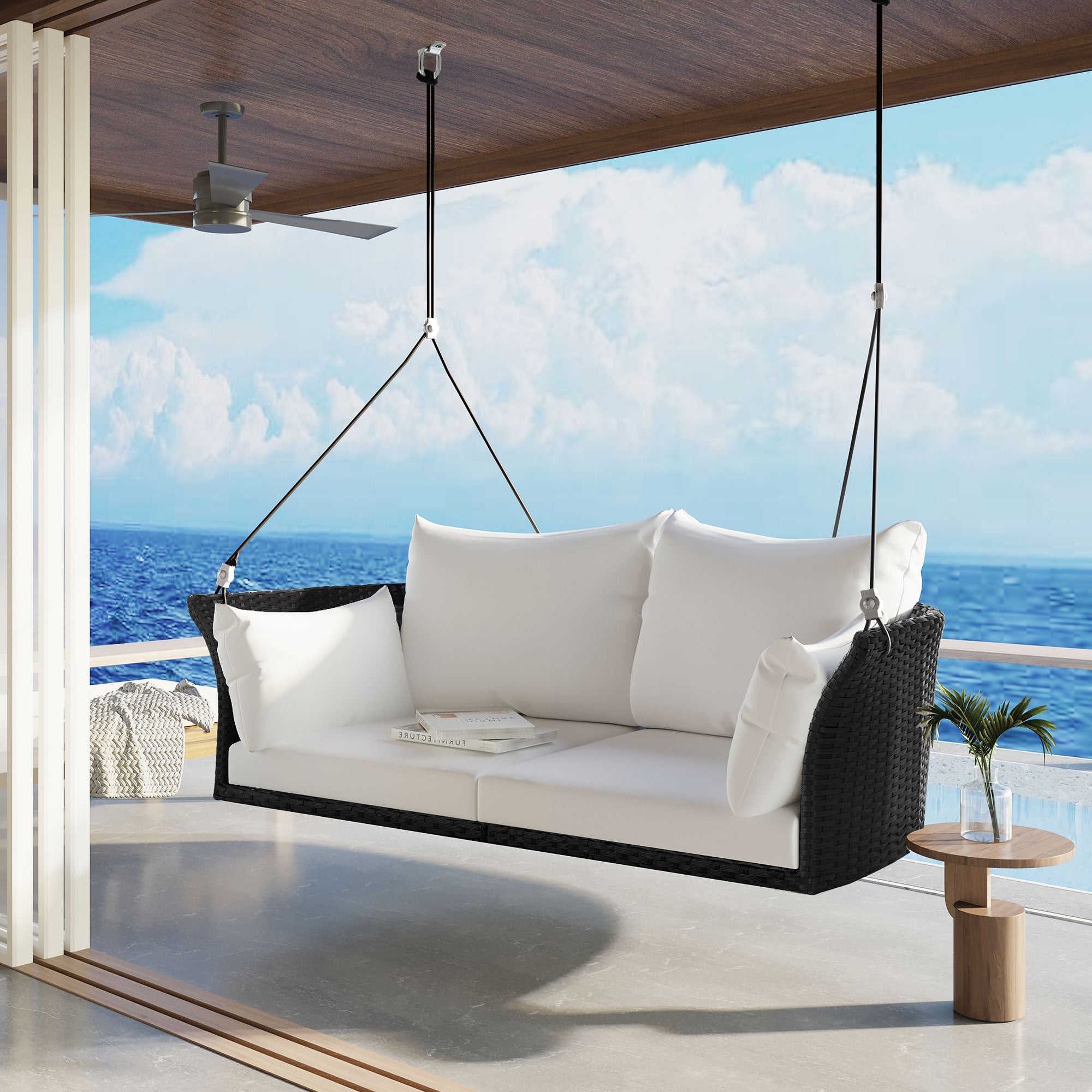 2-Person Rattan Woven Swing Chair, Black Wicker And White Cushion
