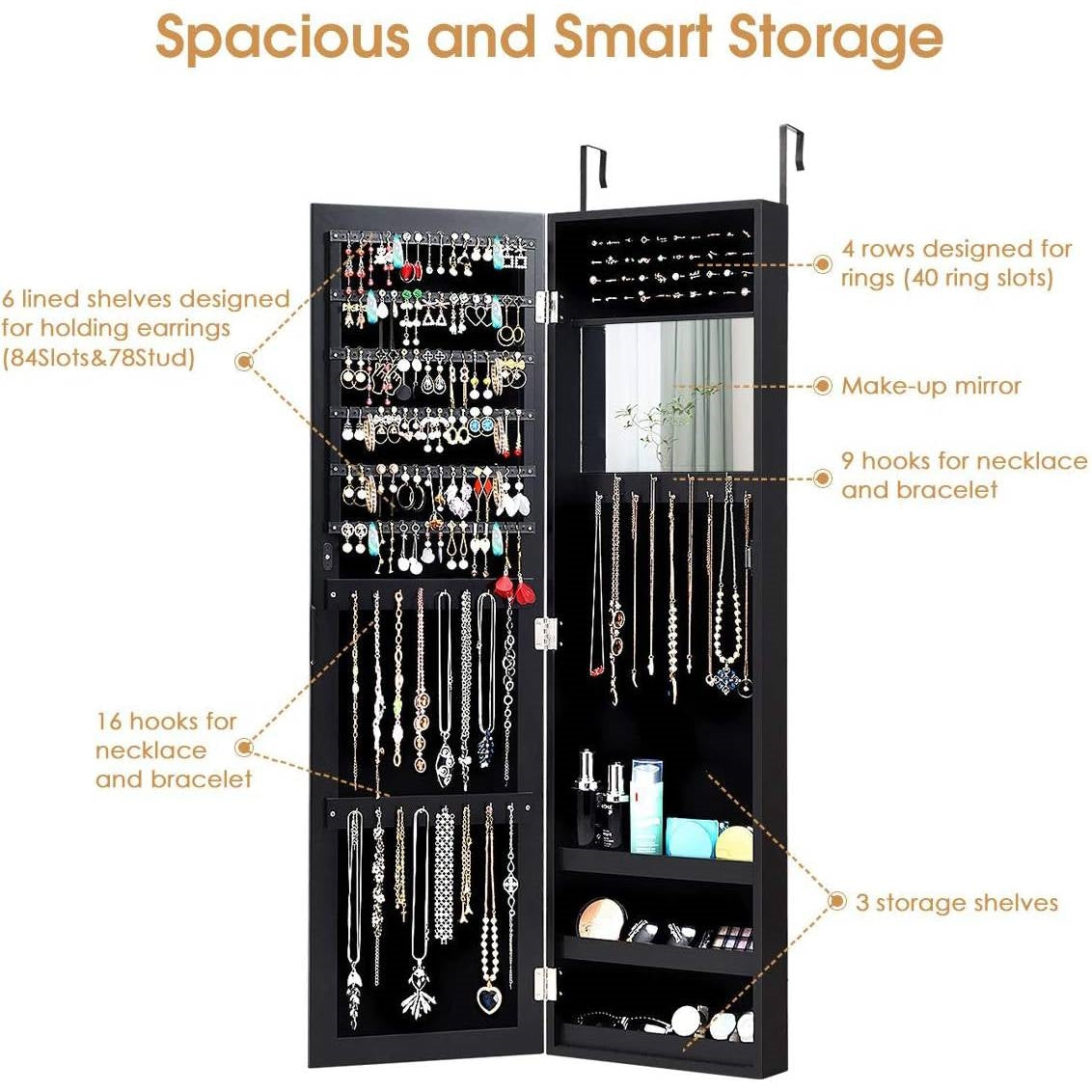 2-in-1 Black Wall or Door Mounted Jewelry Organizer