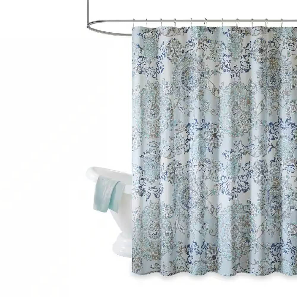 Cotton Shower Curtain with Blue Watercolor Paisley Floral Motif