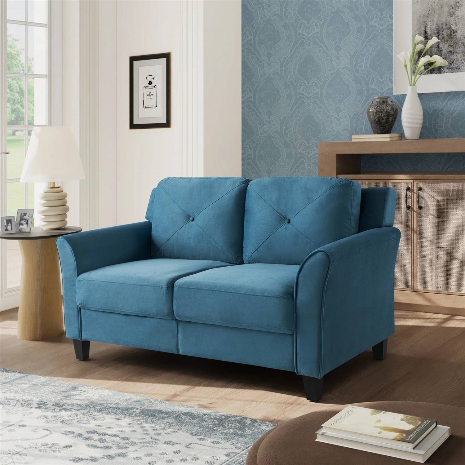 Upholstered Loveseat Sofa in Blue with Button Tufted Cushions