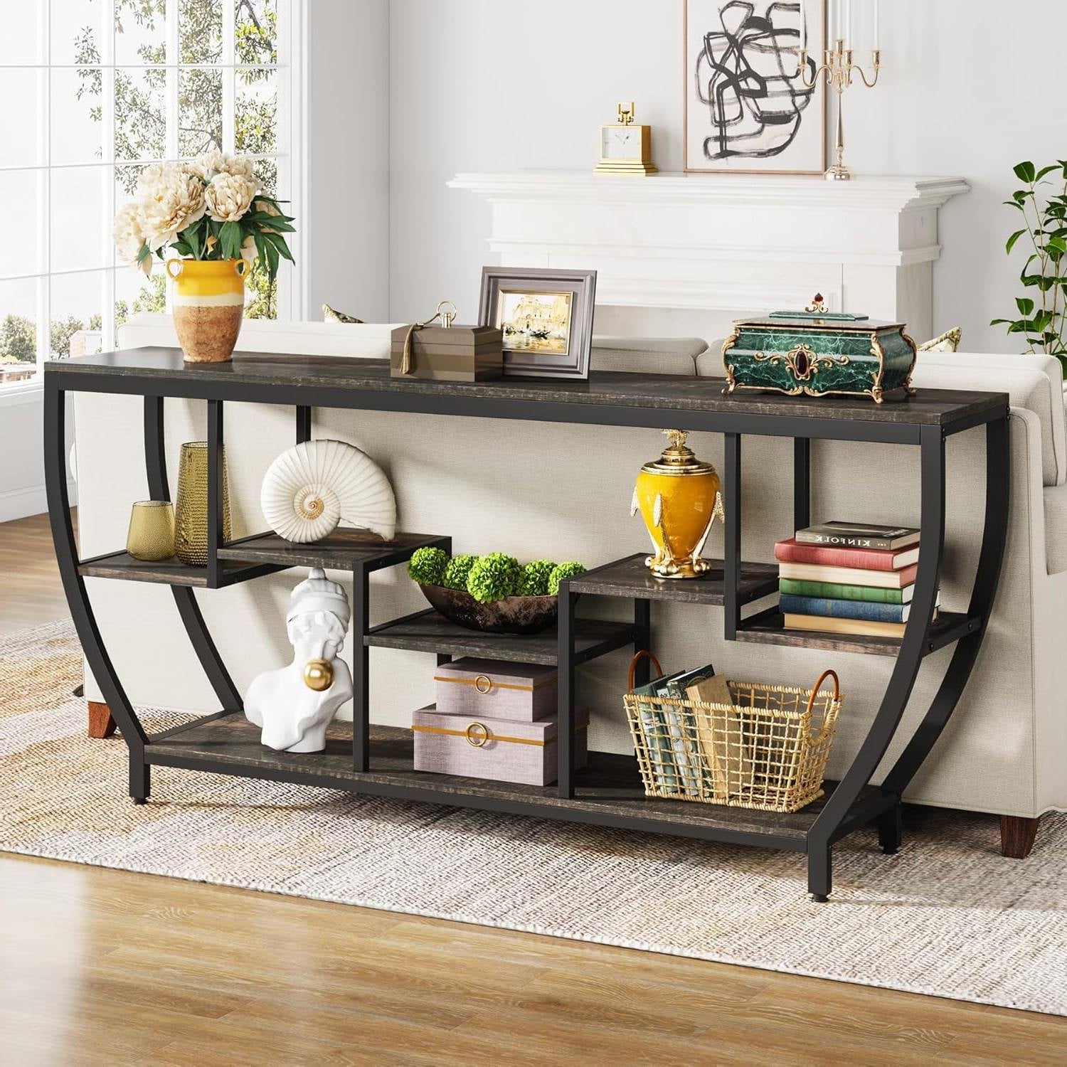 Industrial Long Narrow Console Sofa Table with Black Wood Shelves