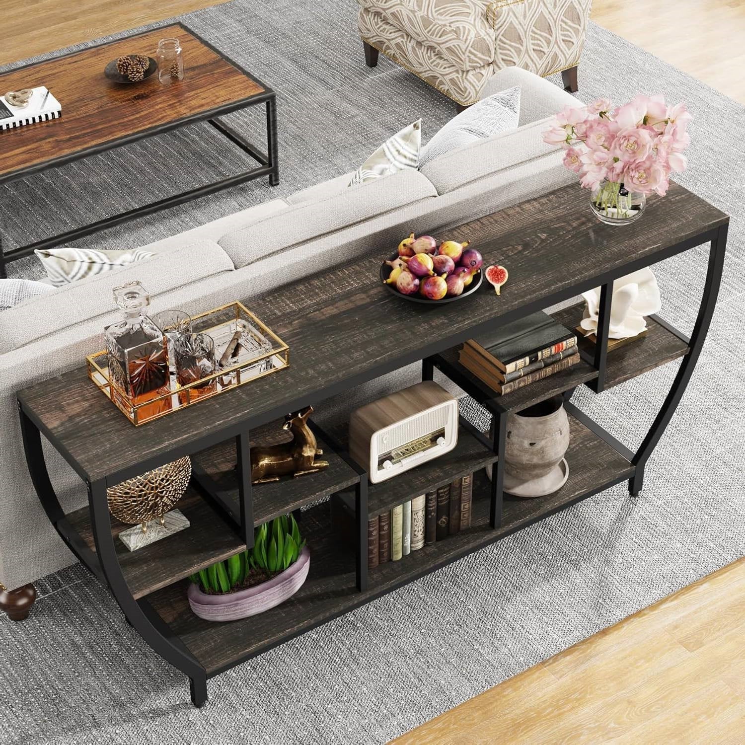 Industrial Long Narrow Console Sofa Table with Black Wood Shelves