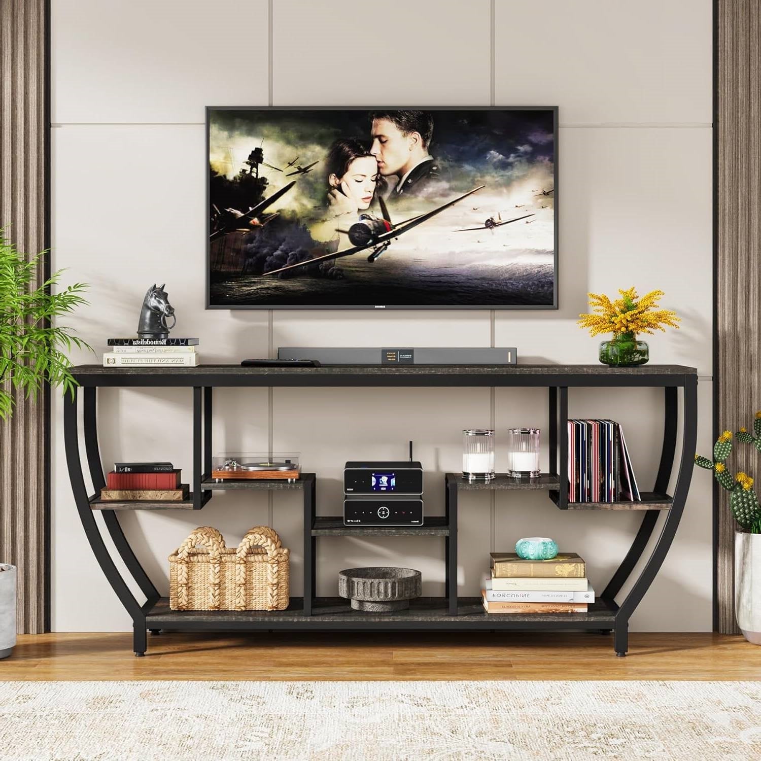 Industrial Long Narrow Console Sofa Table with Black Wood Shelves