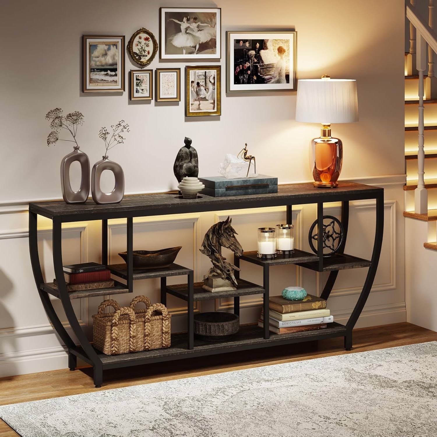 Industrial Long Narrow Console Sofa Table with Black Wood Shelves