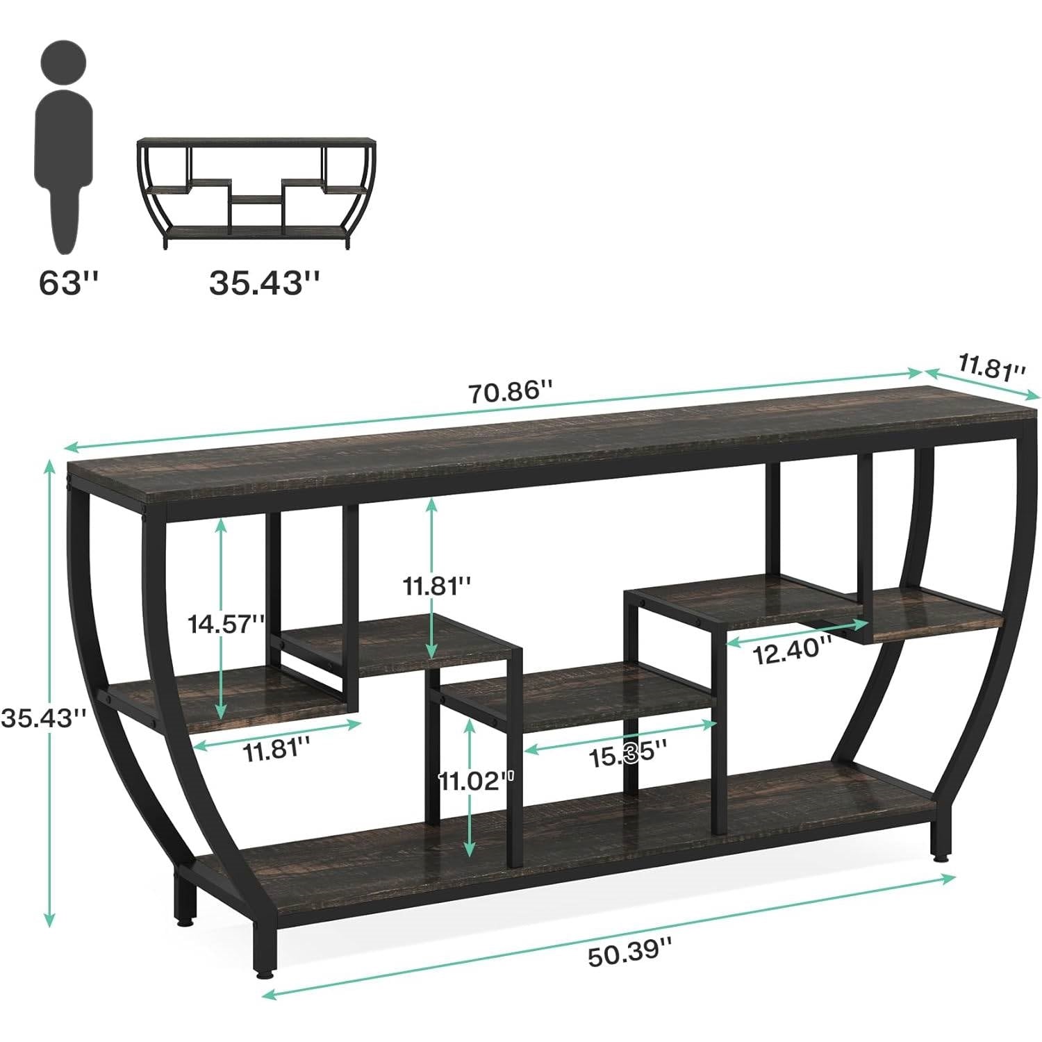 Industrial Long Narrow Console Sofa Table with Black Wood Shelves