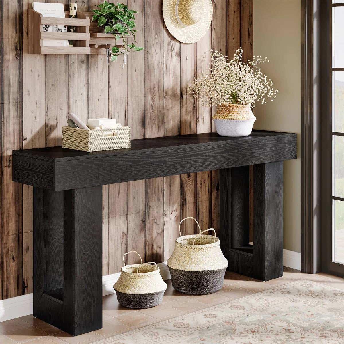 Farmhouse Narrow Entryway Console Sofa Table in Black Wood Finish