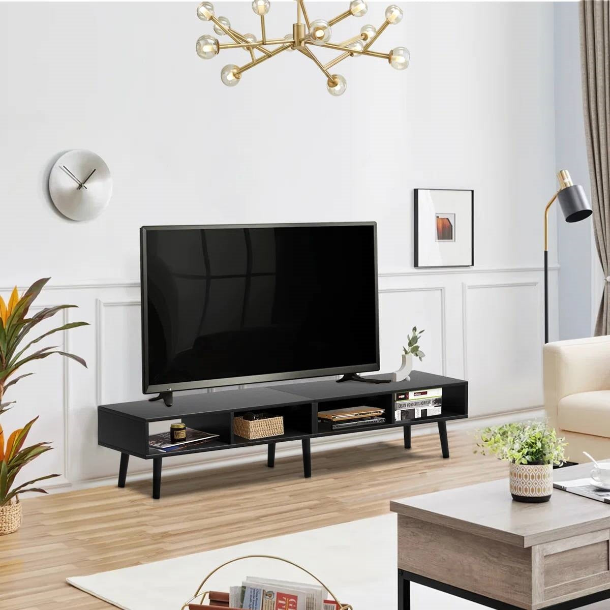 Mid-Century Modern Style TV Stand in Black Wood Finish
