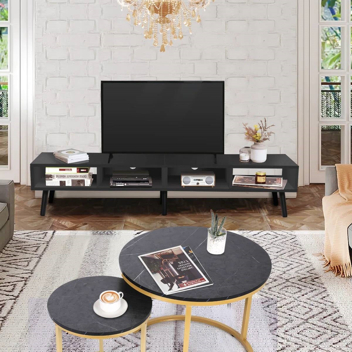 Mid-Century Modern Style TV Stand in Black Wood Finish