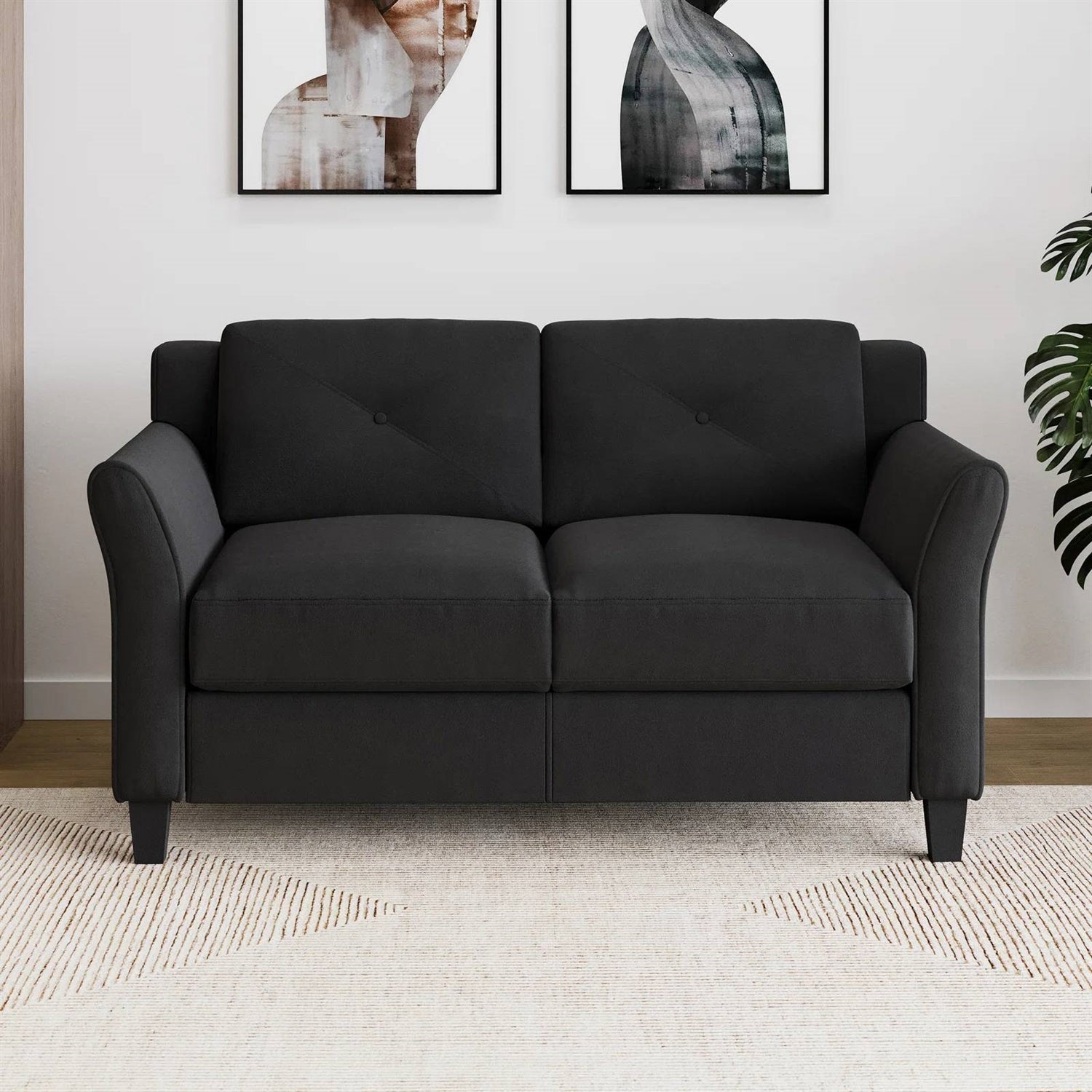 Upholstered Loveseat Sofa in Black with Button Tufted Cushions