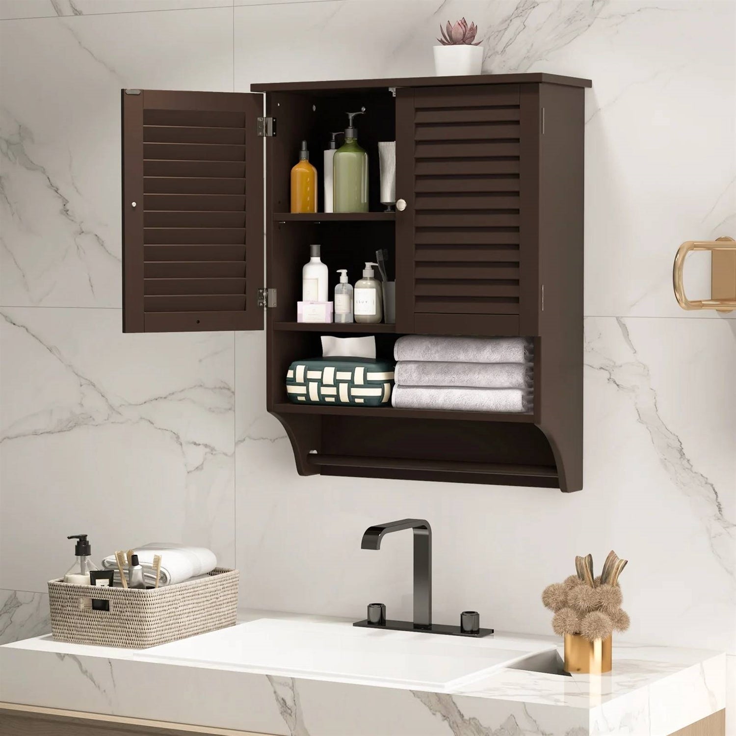 Brown Wall-Mounted Bathroom Medicine Cabinet with Louver Doors and Towel Bar