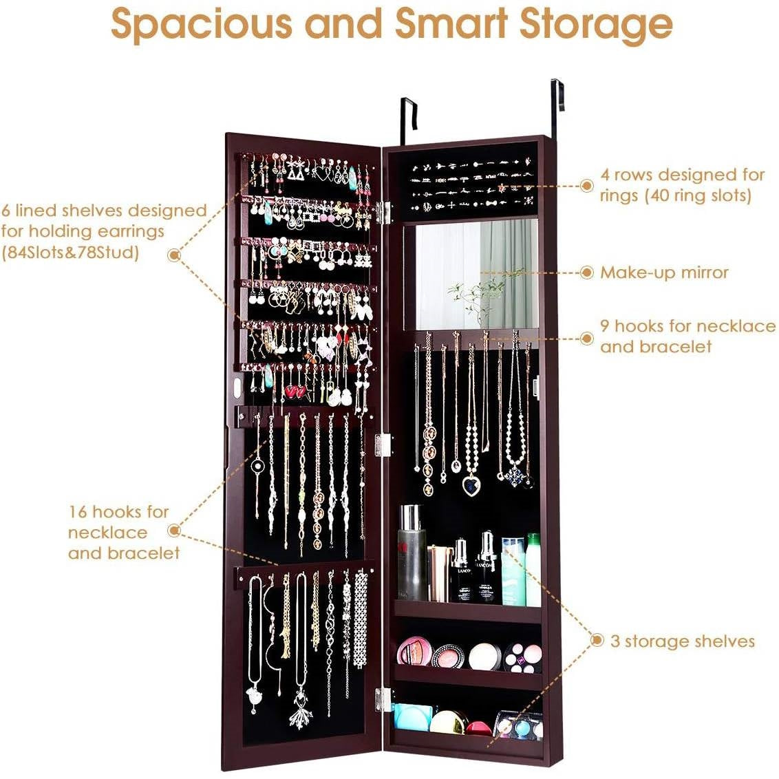 2-in-1 Dark Brown Wall or Door Mounted Jewelry Organizer