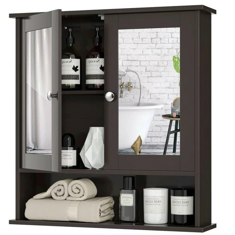 Brown Wooden Bathroom Wall/Medicine Cabinet with Mirrored Doors and Shelf