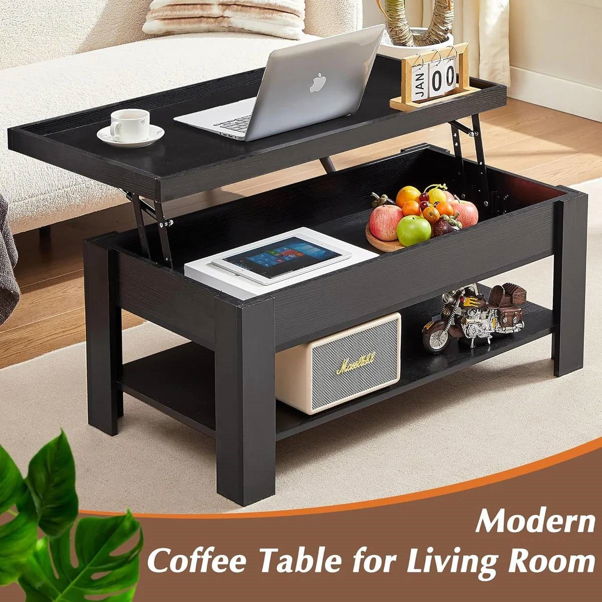 Lift Top Coffee Table with Storage Shelf in Black Wood Finish