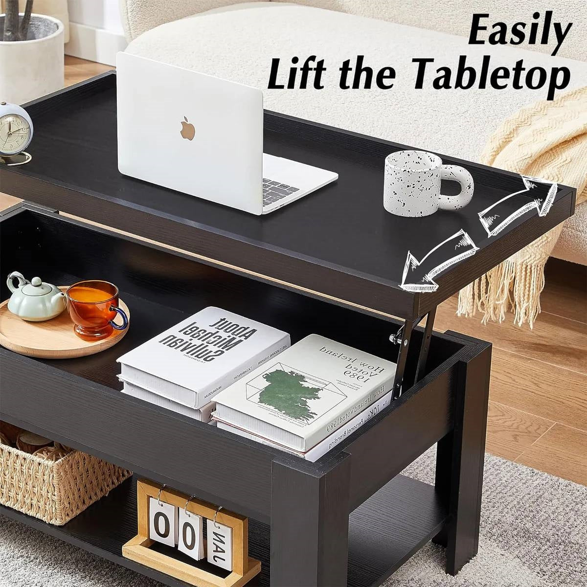 Lift Top Coffee Table with Storage Shelf in Black Wood Finish