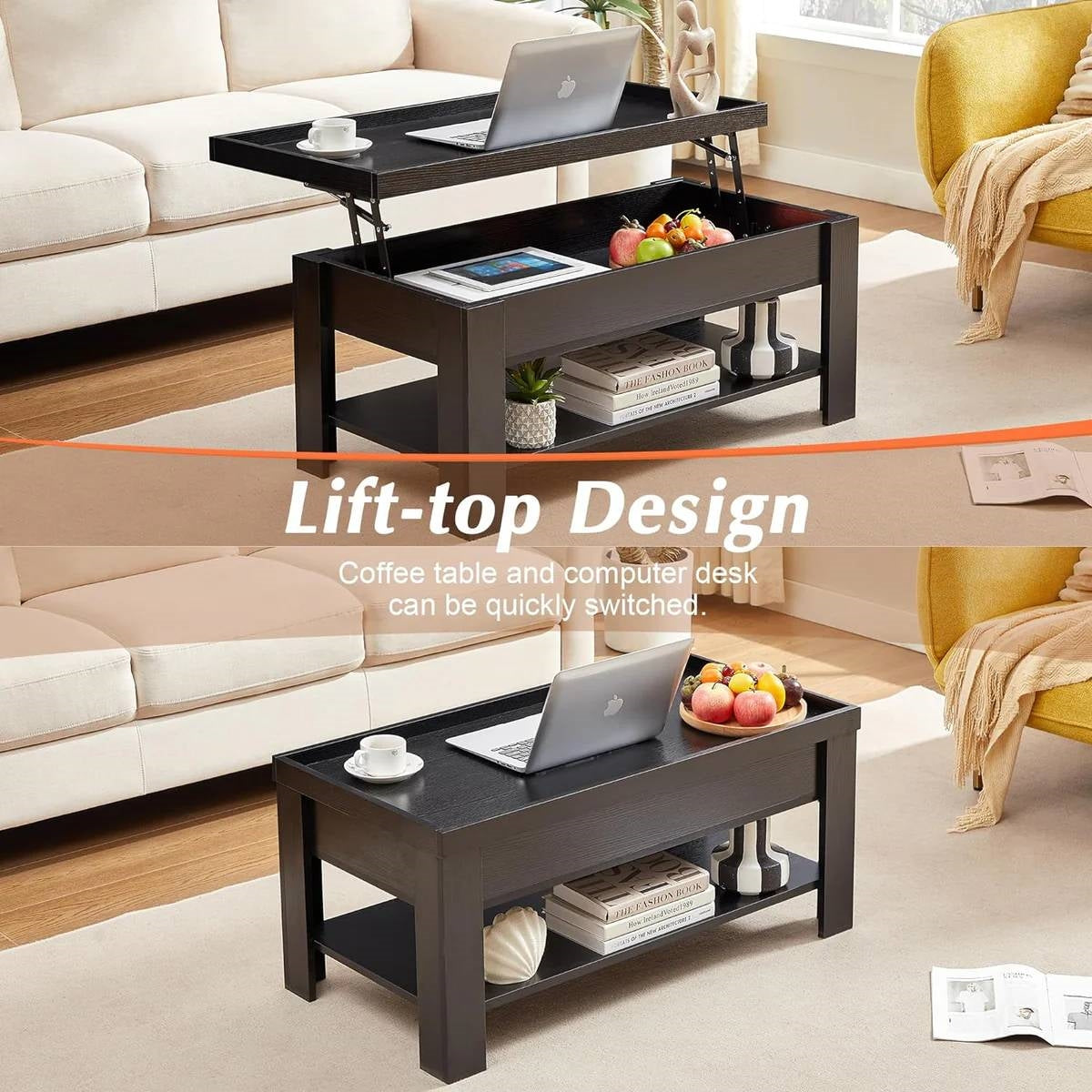 Lift Top Coffee Table with Storage Shelf in Black Wood Finish