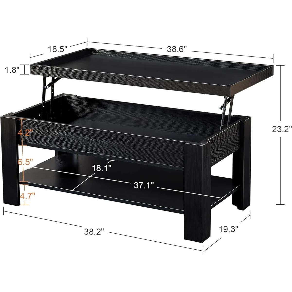 Lift Top Coffee Table with Storage Shelf in Black Wood Finish